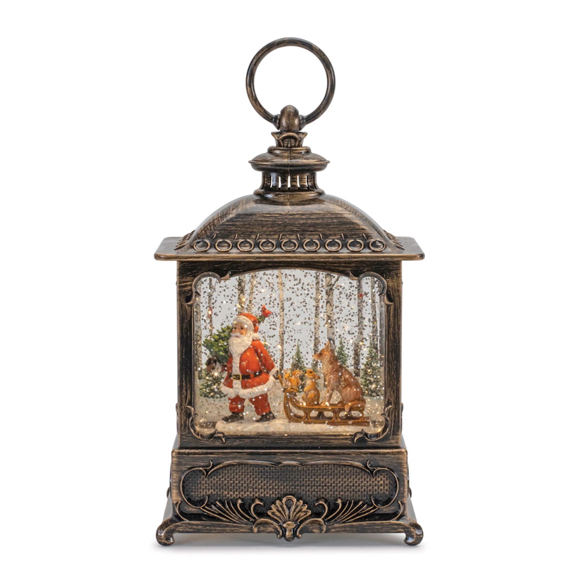 LED Snow Globe Lantern with Santa and Woodland Animals 9"H