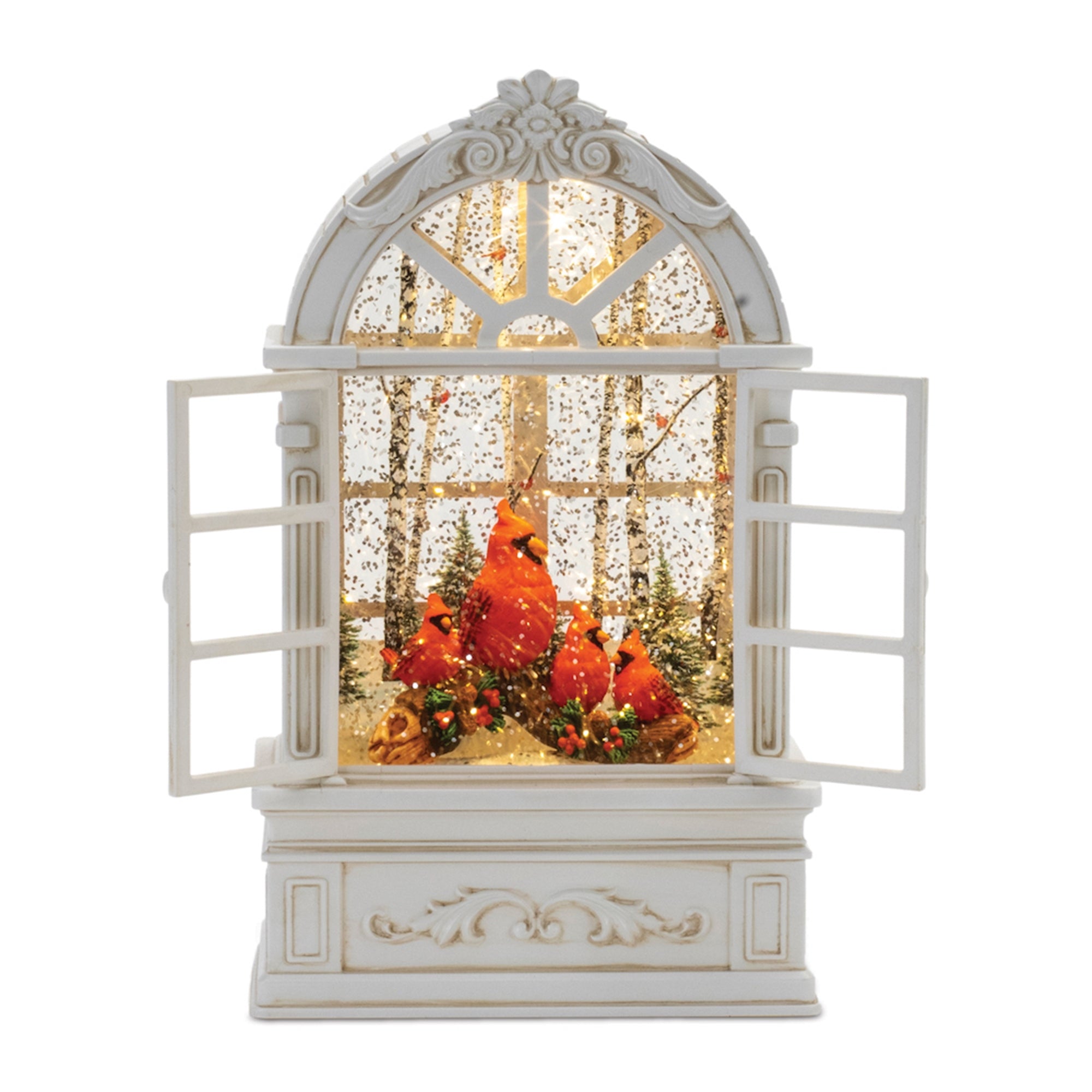 LED Snow Globe Window with Cardinal Family 9"H
