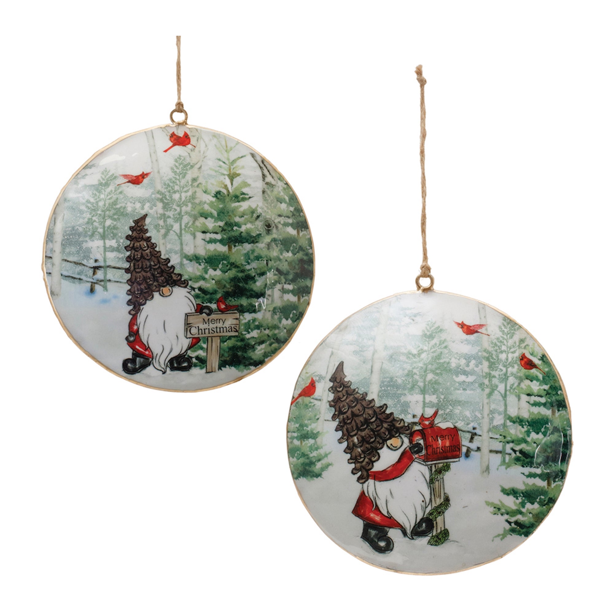 Metal Gnome Cardinal Forest Disc Ornament (Set of 6)
