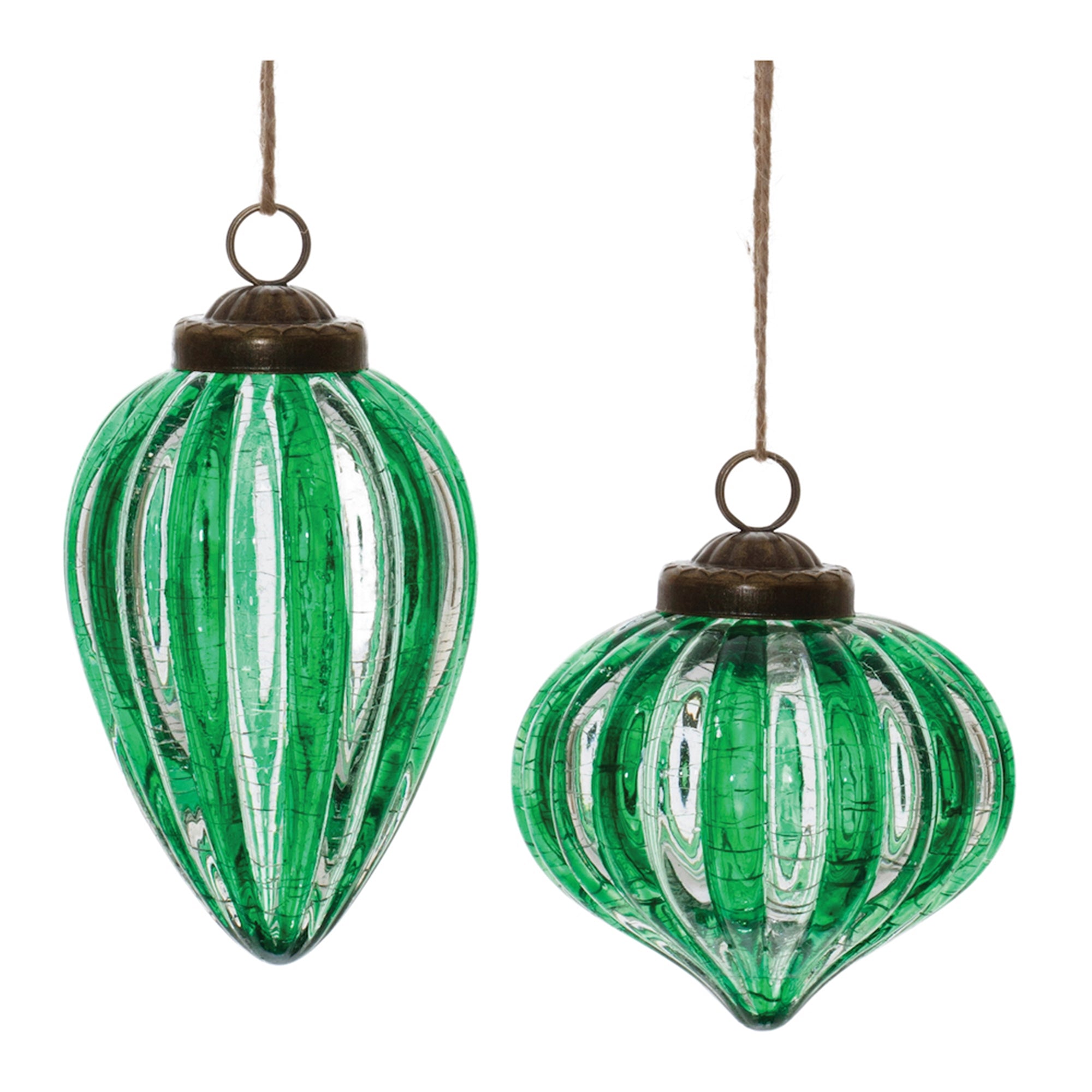 Green Ribbed Crackle Glass Ornament (Set of 6)