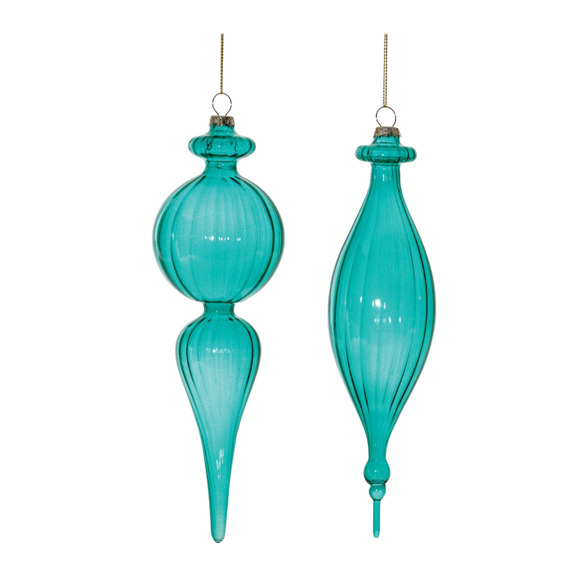 Blue Ribbed Glass Finial Drop Ornament (Set of 6)