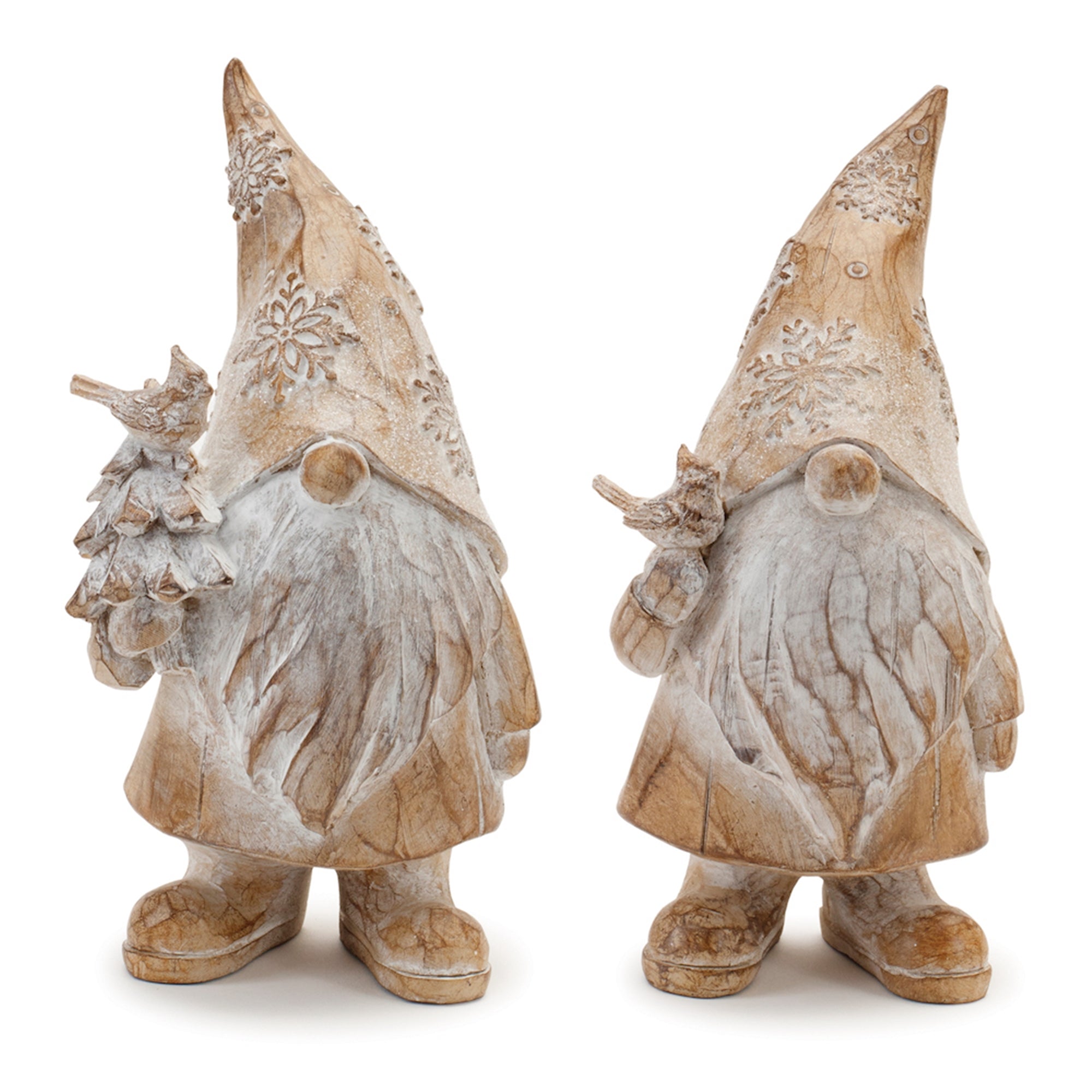 Carved Winter Gnome with Bird Figurine (Set of 2)