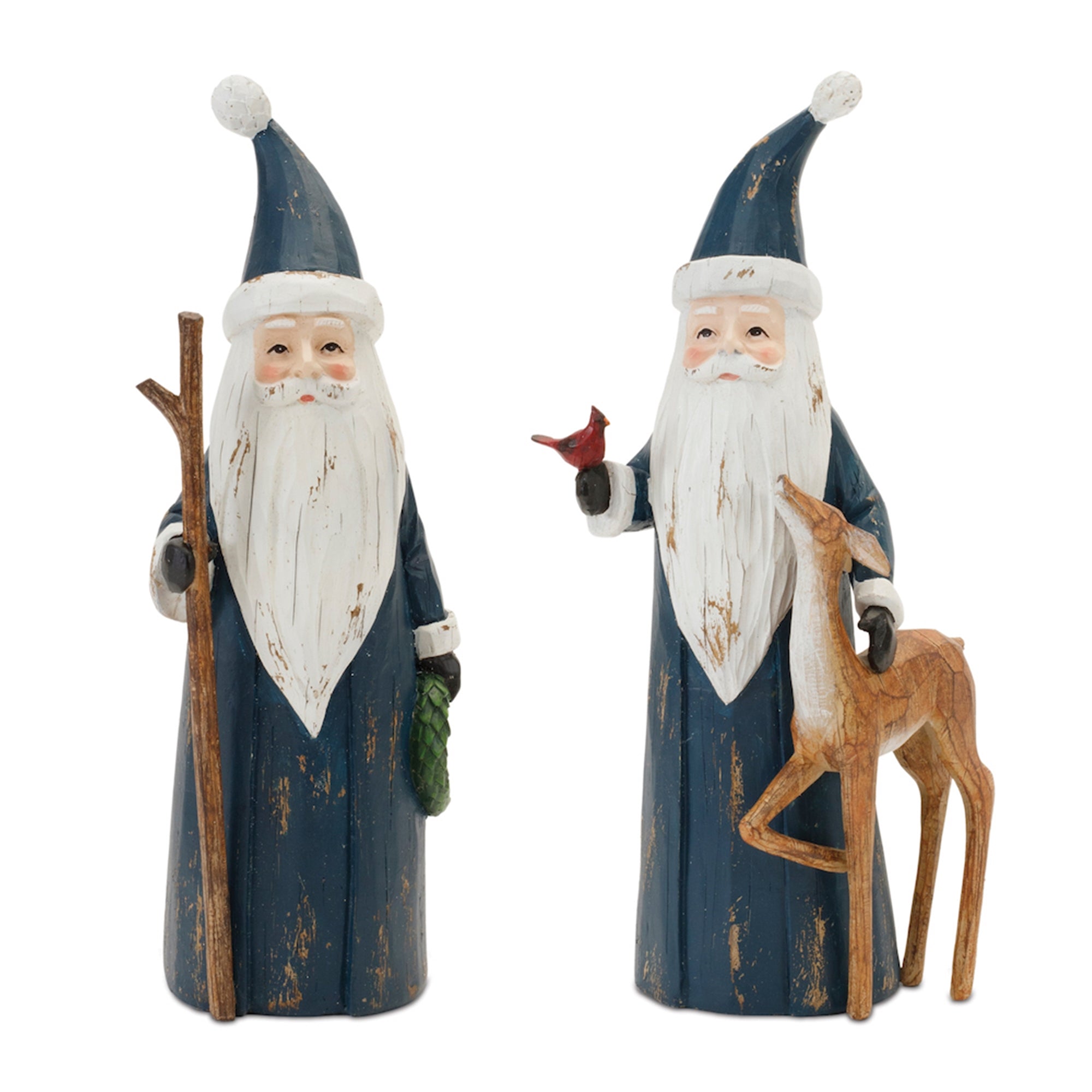Carved Woodland Santa with Deer Figurine (Set of 2)