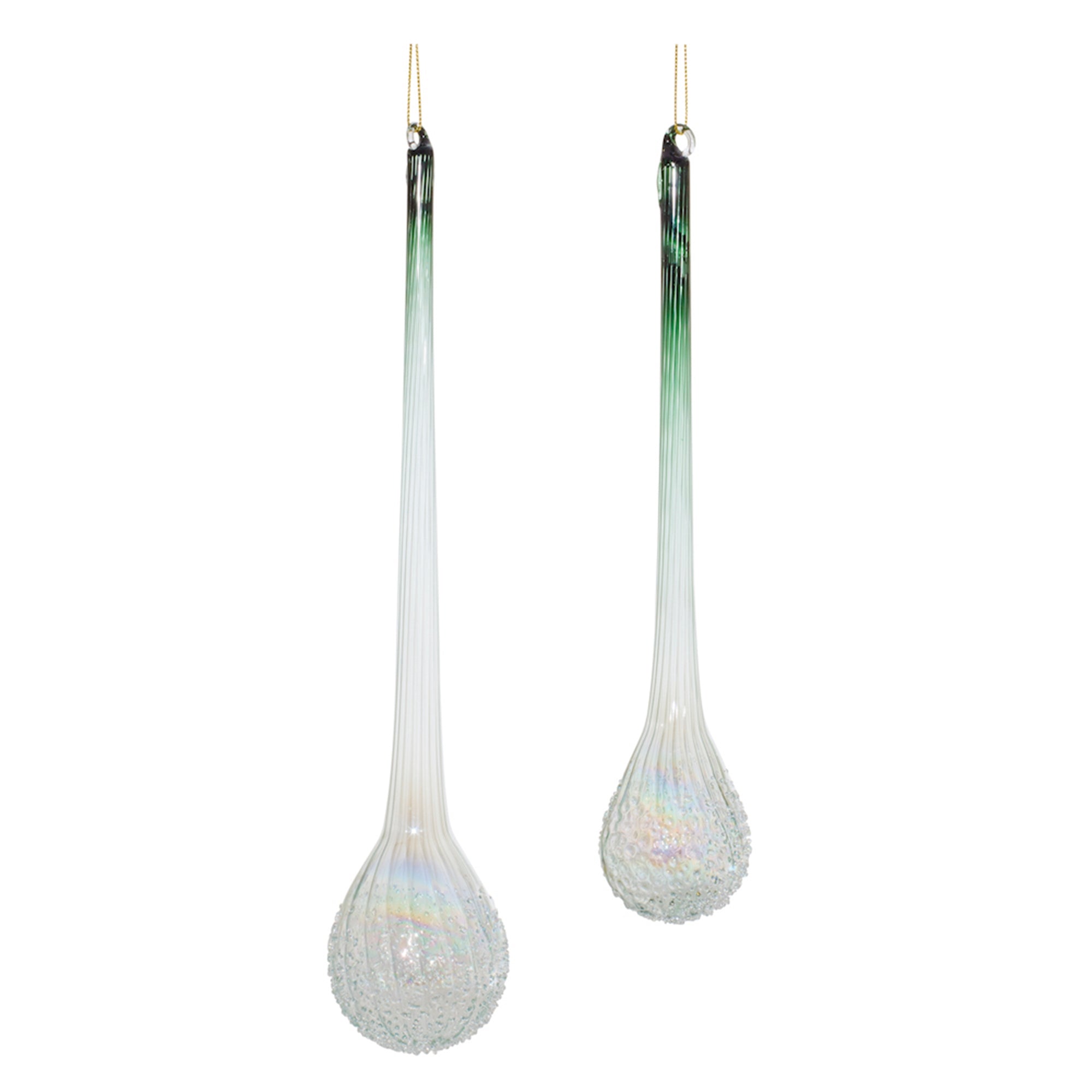 Green Iridescent Ribbed Glass Icicle Drop Ornament (Set of 12)