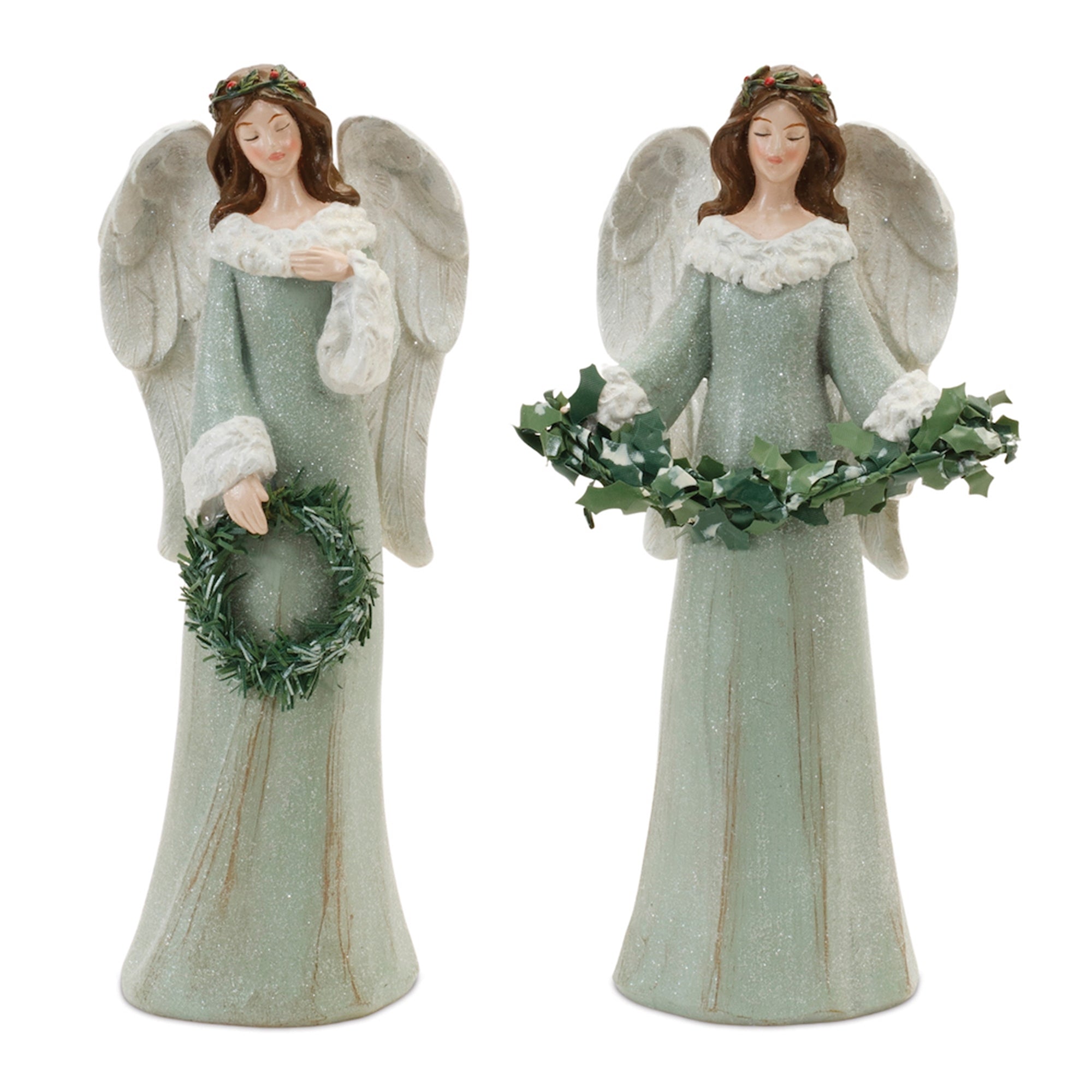 Glittered Holiday Angel with Pine and Holly Accent (Set of 4)