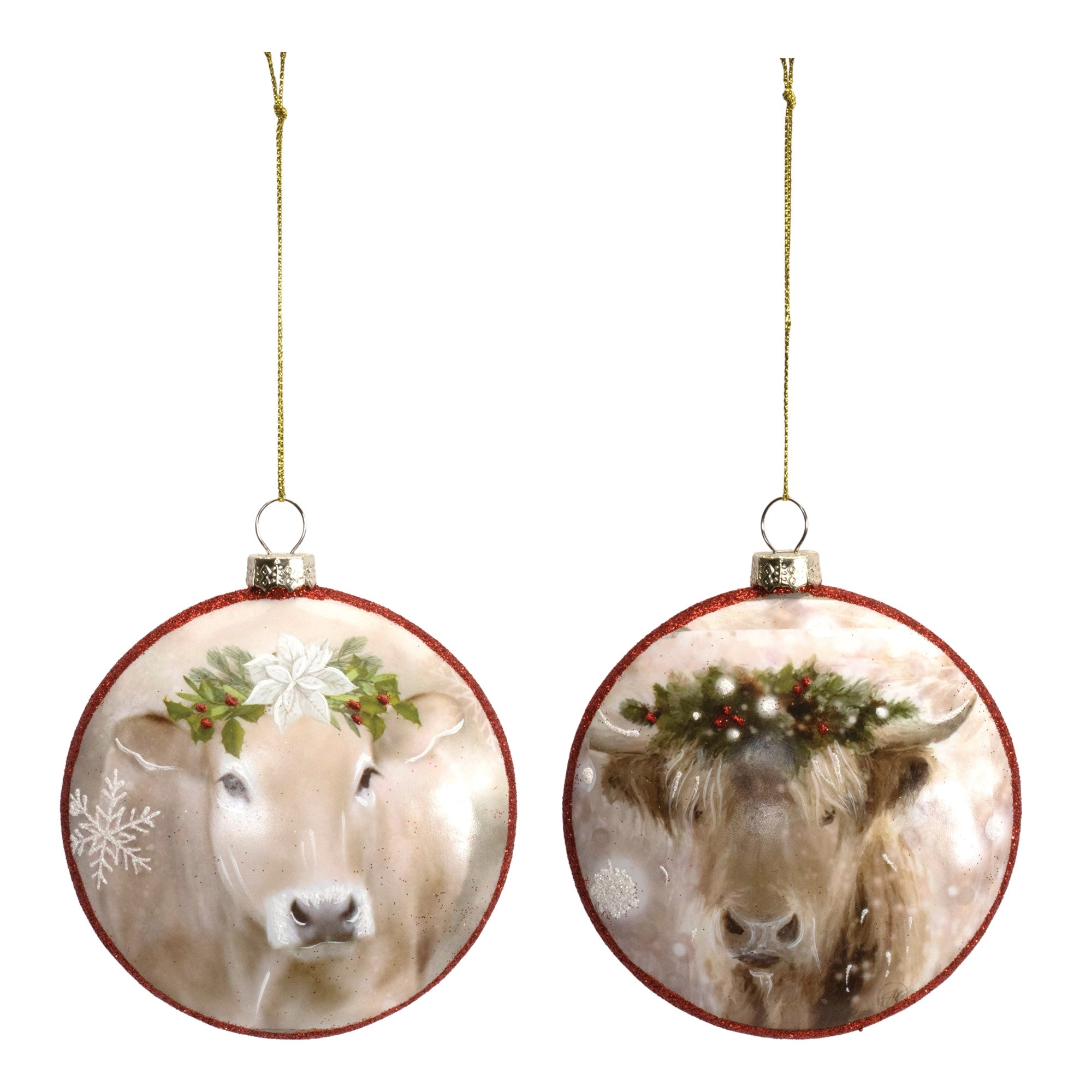 Glittered Glass Cow Disc Ornament (Set of 12)