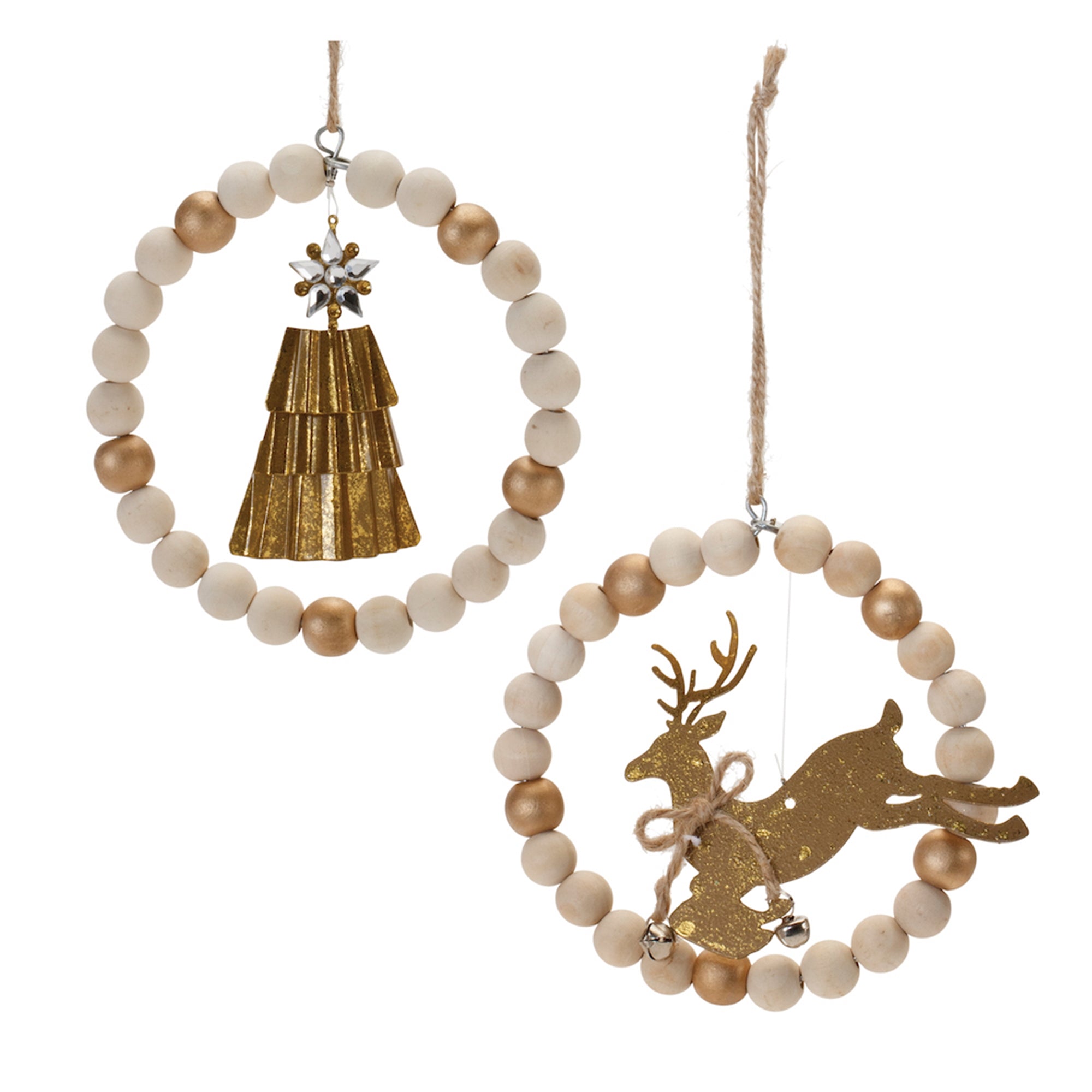 Beaded Wood Tree and Deer Ornament (Set of 6)