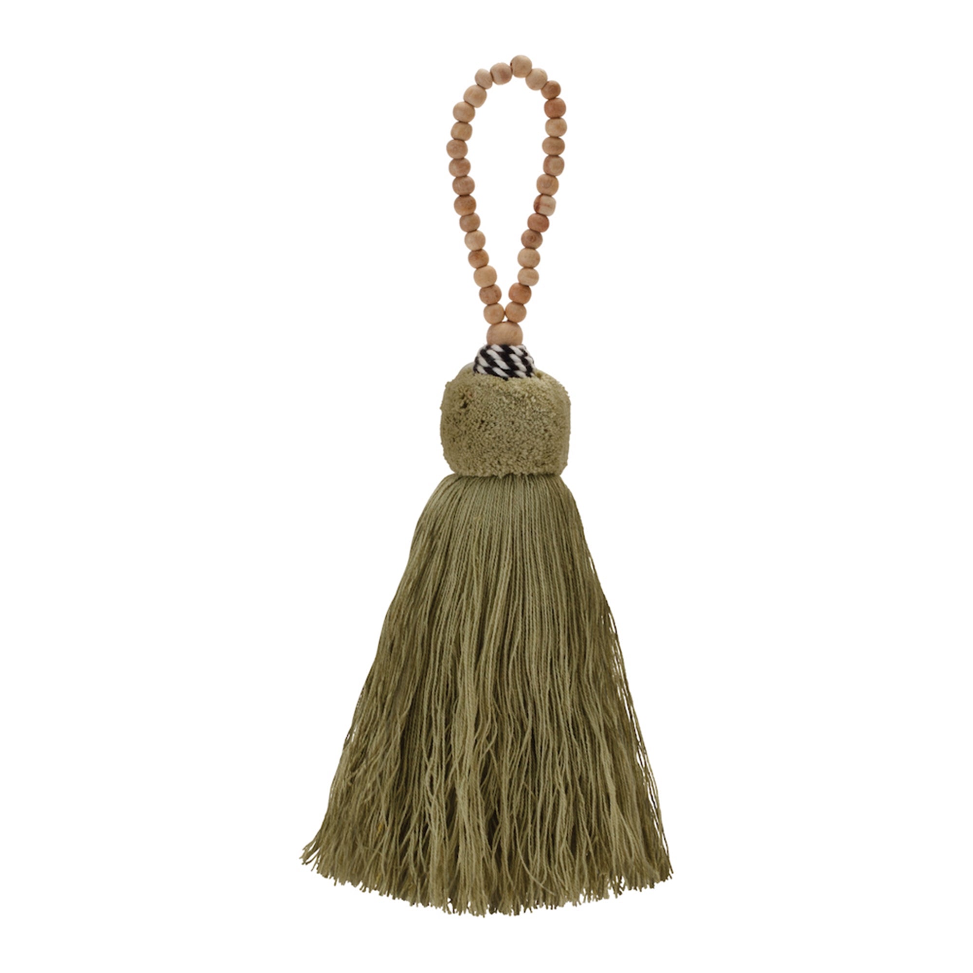 Green Tassel Ornament with Beaded Wood Hanger (Set of 4)