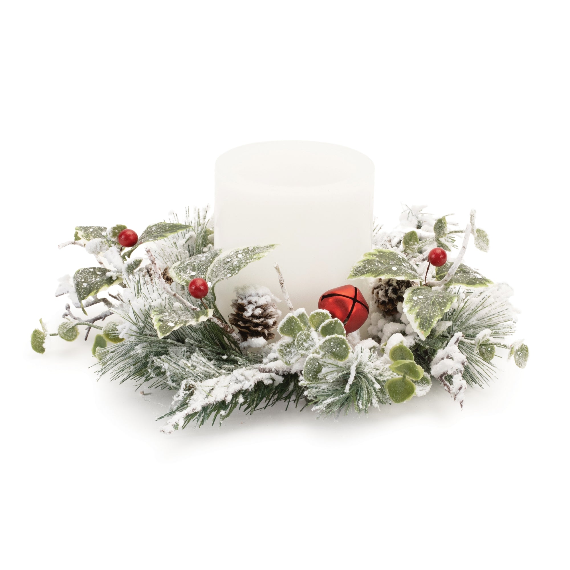 Flocked Pine Holly Sleigh Bell Candle Ring (Set of 2)
