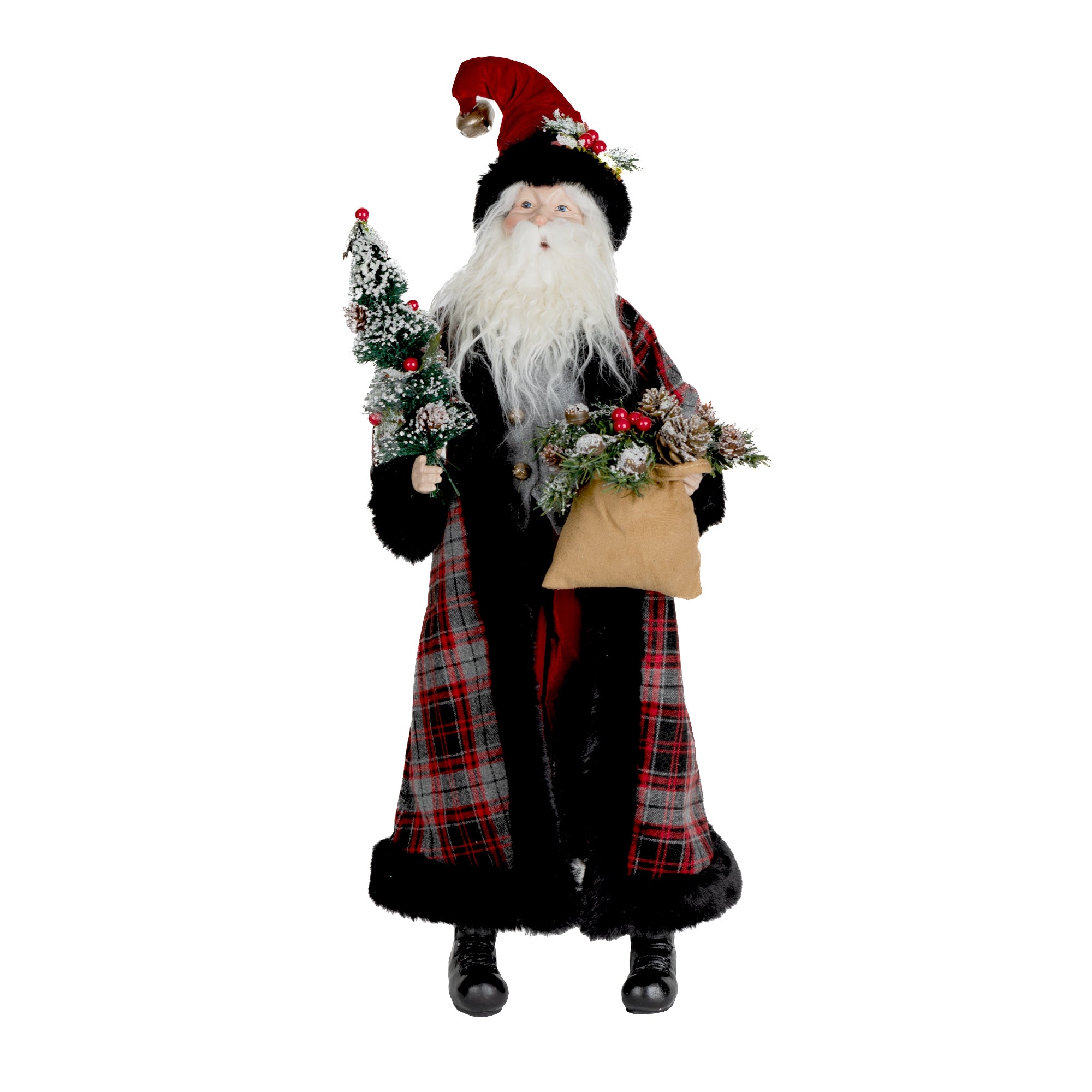 Plaid Santa with Frosted Pine Accents 26.5"H