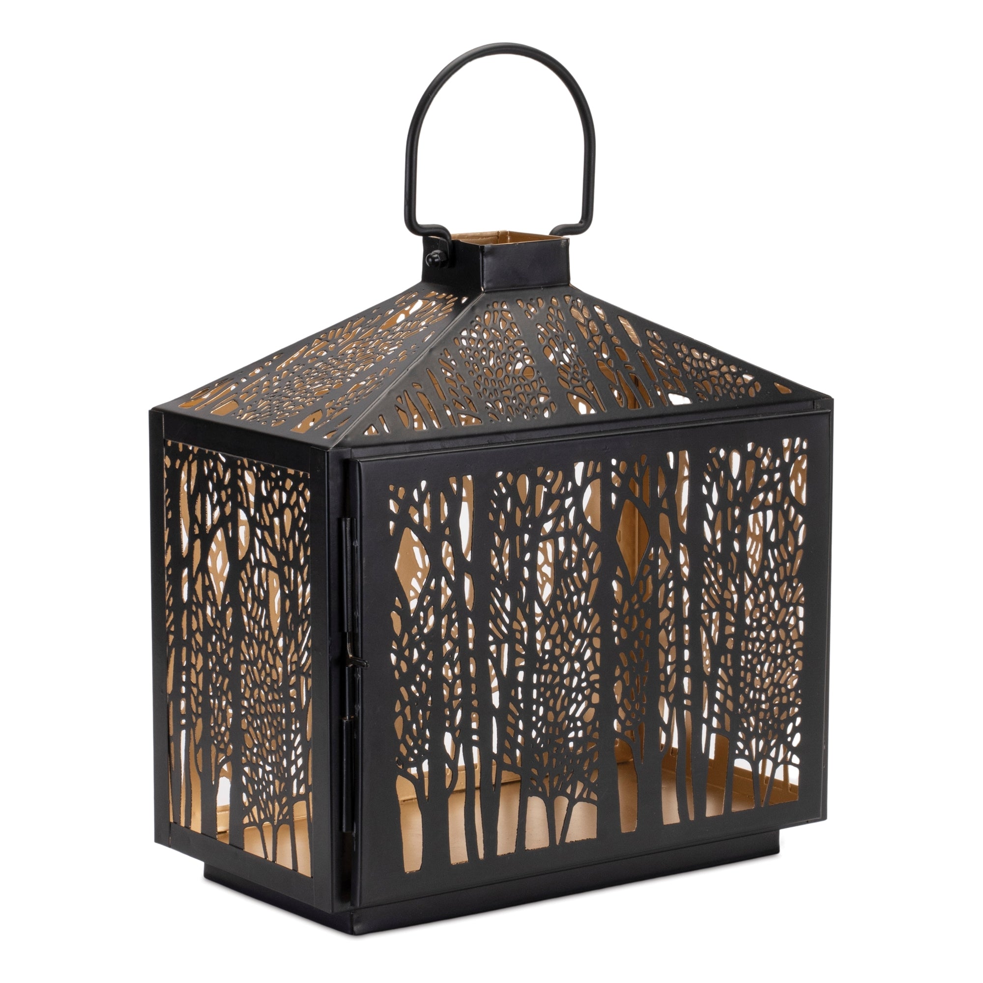 Forest Cut Metal Lantern with Gold Accent 12"H